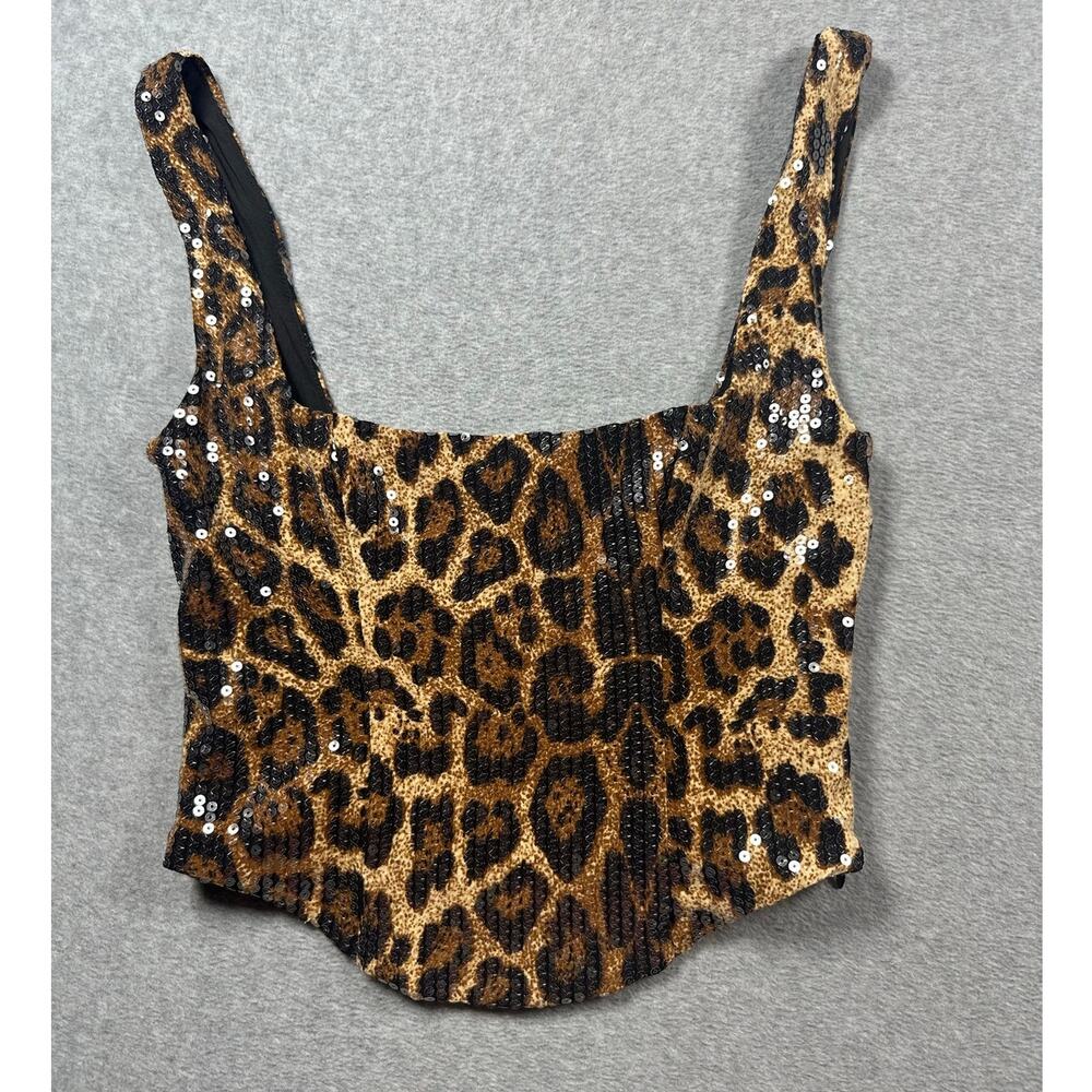 Edikted Cropped Corset Top Women's Medium Brown Leopard Print Sequin Square Neck
